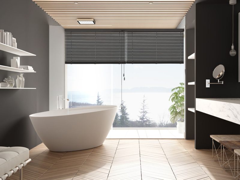 Luxury modern white and gray bathroom with parquet floor and wooden celiling, panoramic window on sea panorama, bathtub, shower and double sink, interior design, minimal architecture, 3d illustration